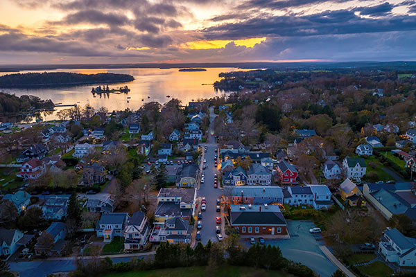 Aerial view of Chester, south shore, during sunset